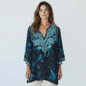 Amaya Black and Blue Embroidered Silk Tunic